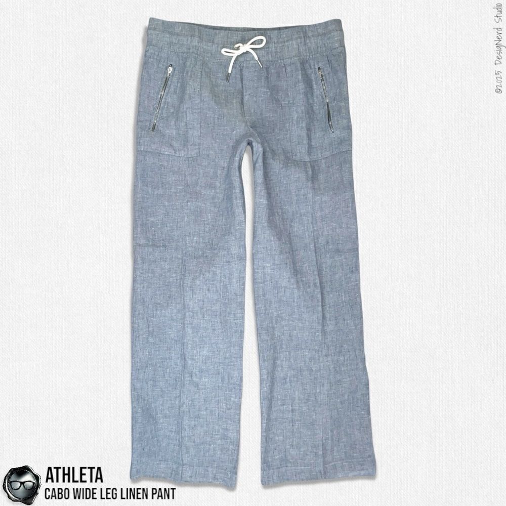 ATHLETA CABO LINEN WIDE LEG PANTS IN CHAMBRAY BLUE WOMEN 12/LARGE TRAVEL CASUAL - Picture 2 of 13